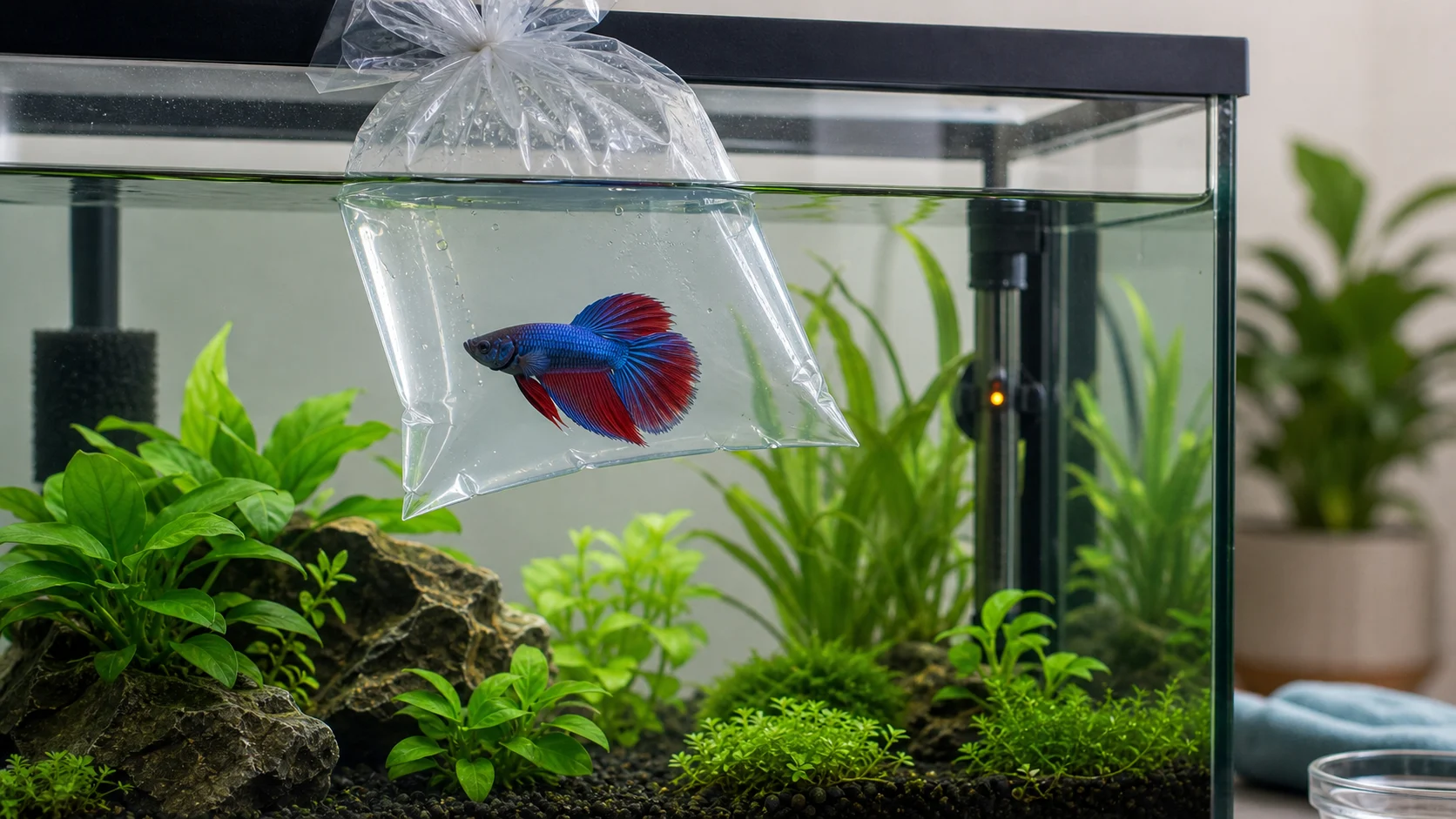 A betta fish acclimating in a floating bag inside a planted aquarium