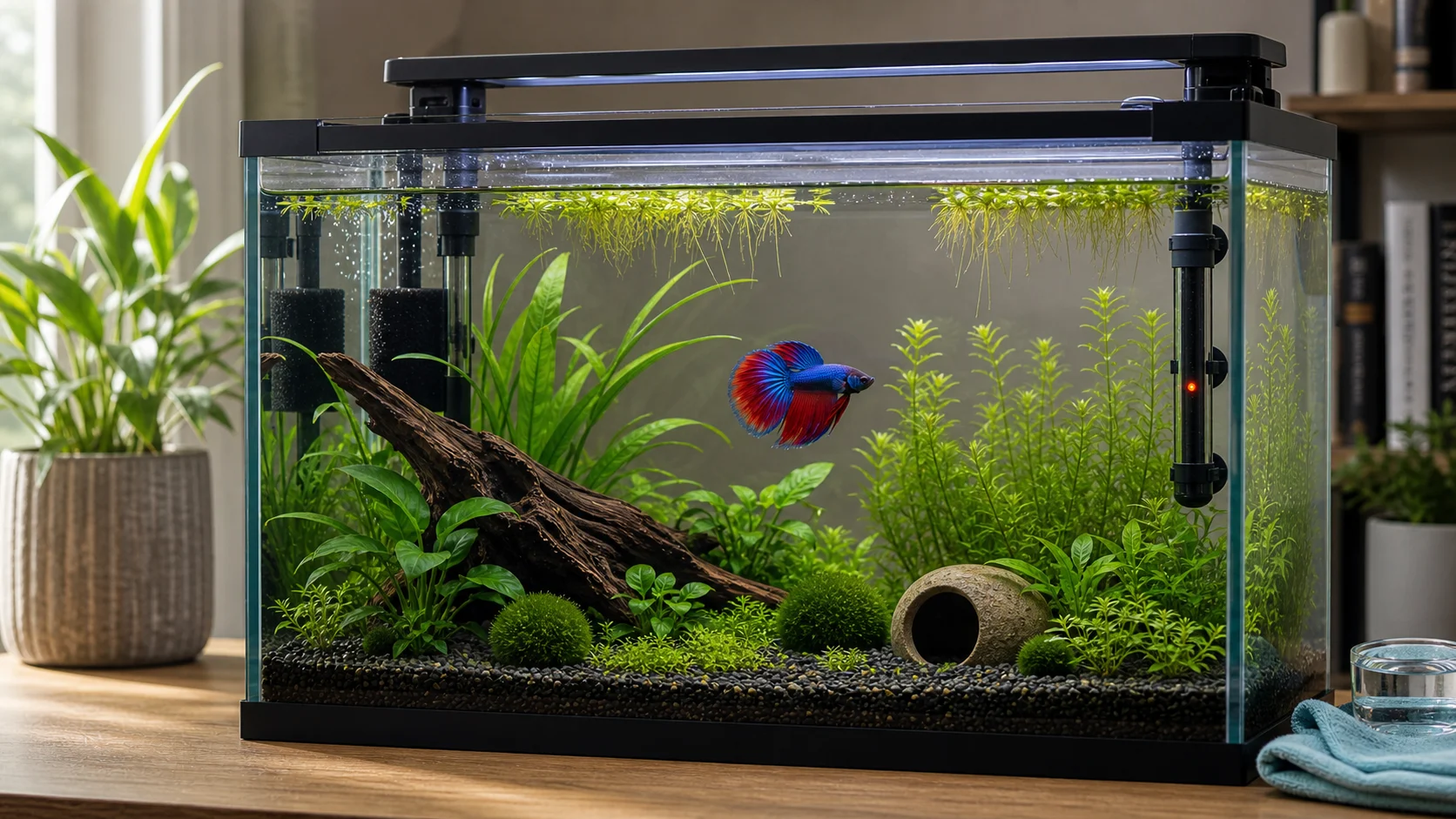 A betta fish swimming in a complete planted aquarium with heater, filter, lid, plants, and hides