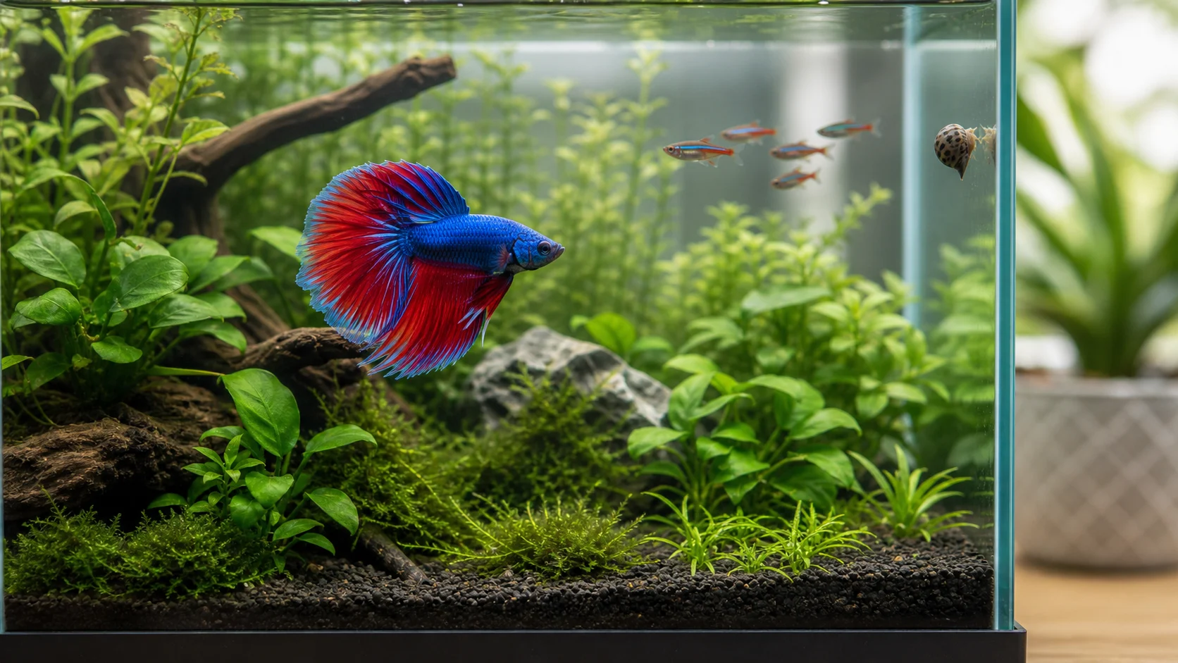 A betta fish in a planted community aquarium with peaceful tank mates in the background
