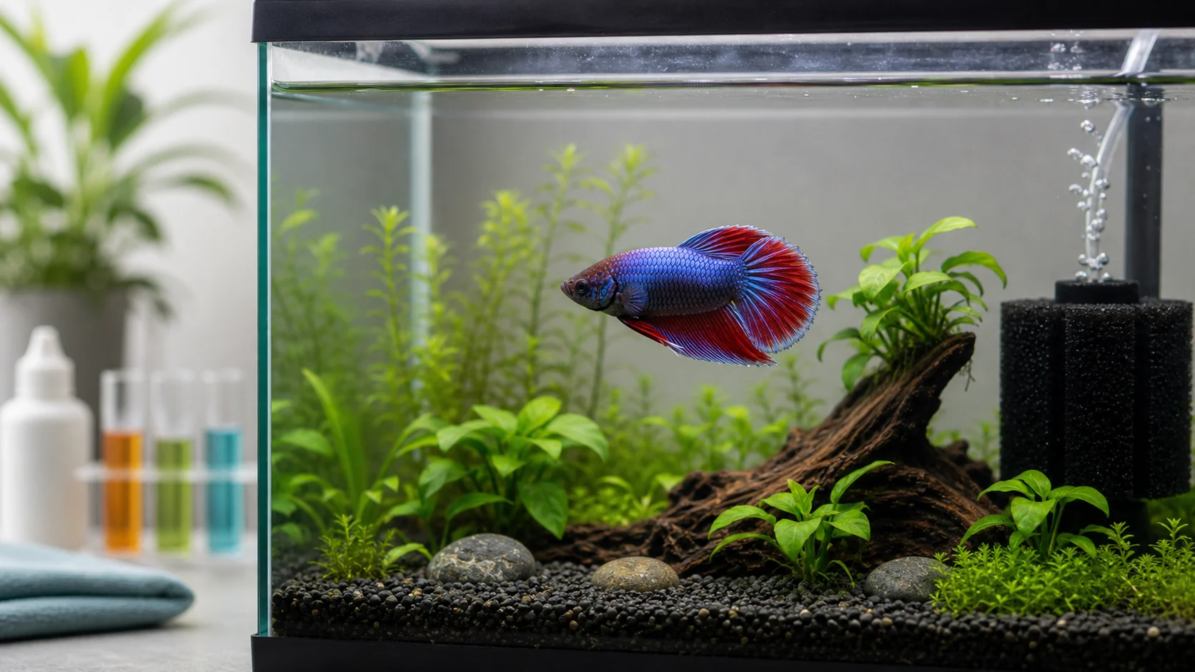A betta fish with a subtly rounded belly in a clean planted aquarium