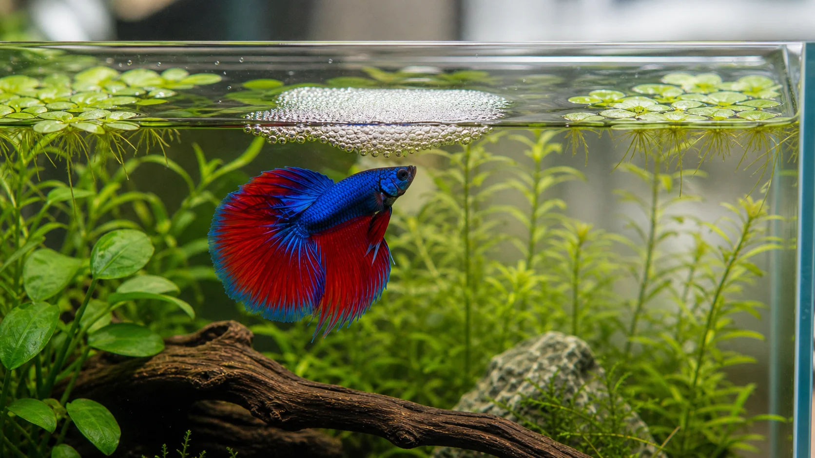 A betta fish below a small bubble nest near floating plants