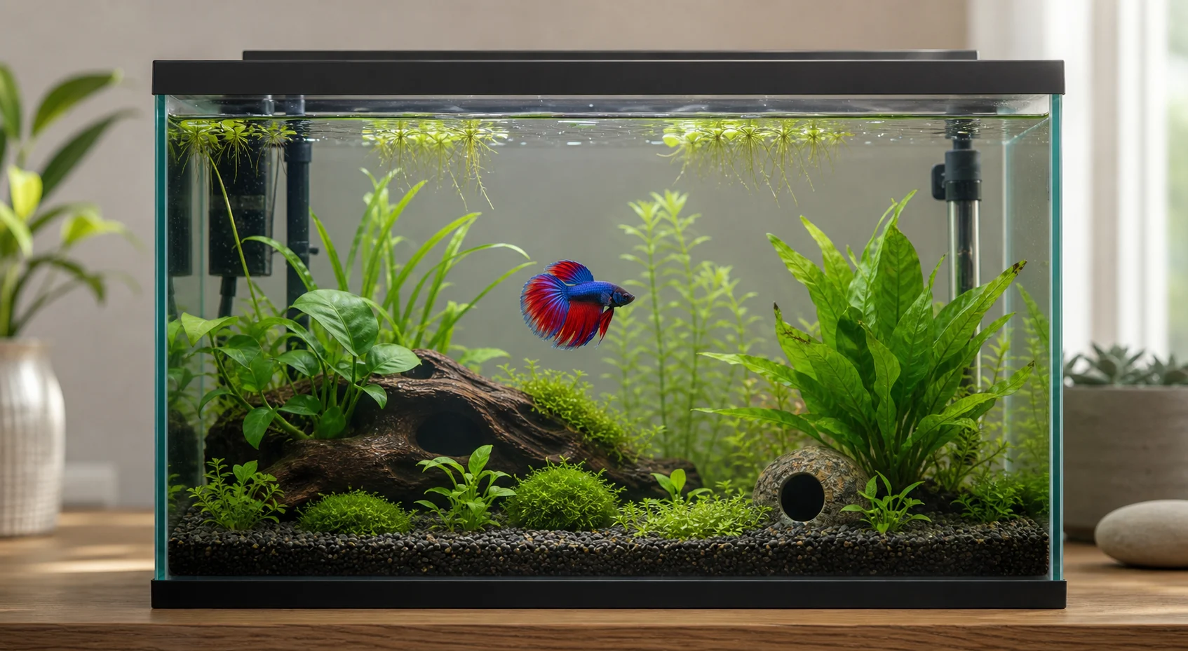 A betta fish swimming in a clean planted beginner aquarium with heater, filter, and open space