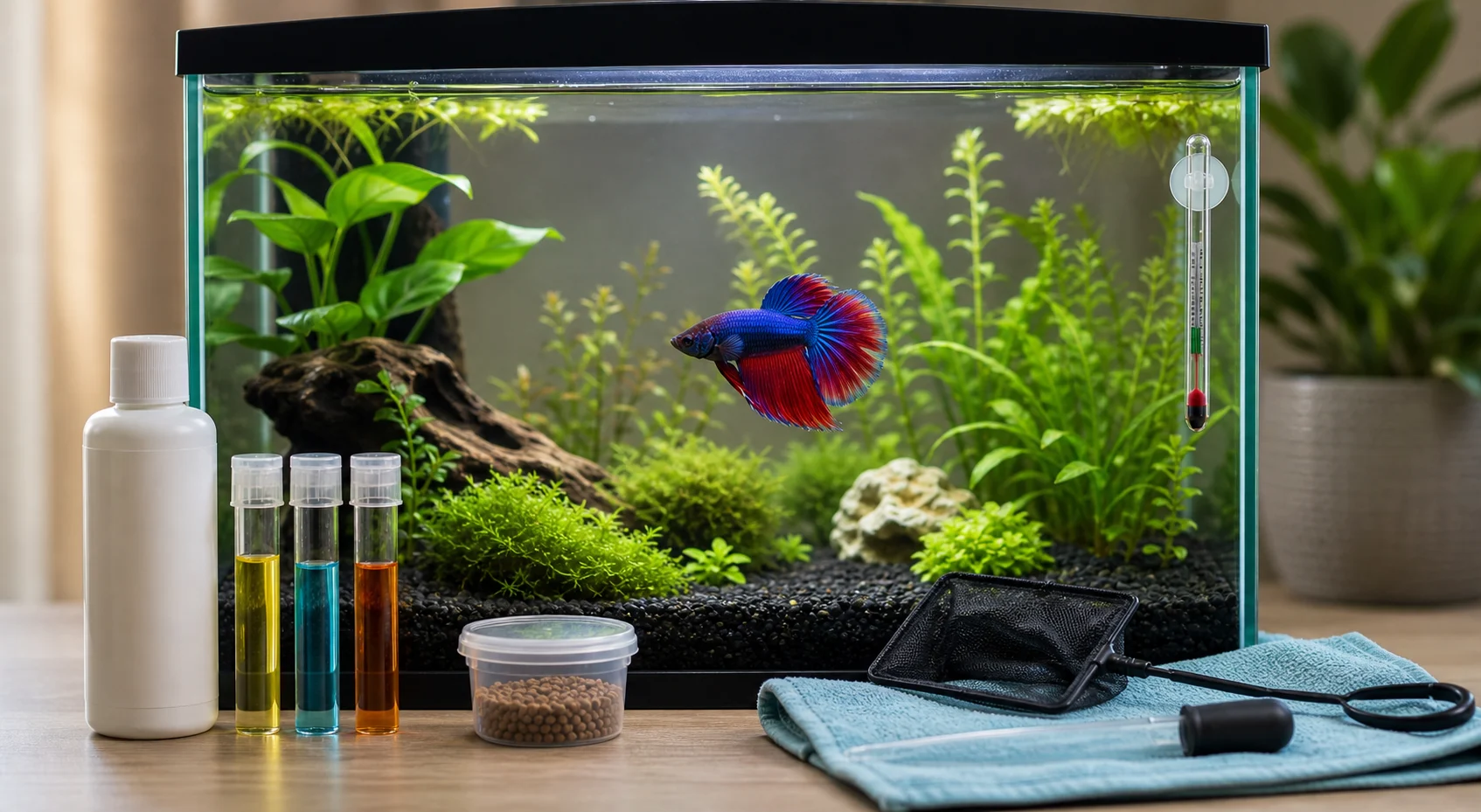 A betta tank with beginner care tools arranged nearby