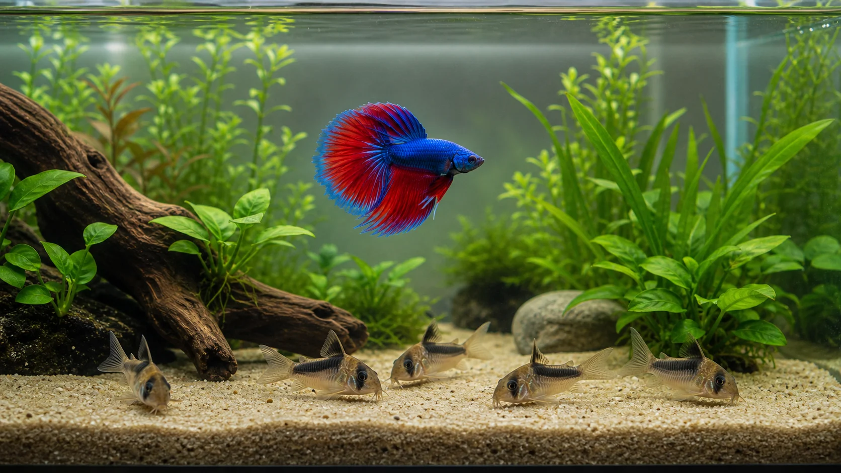 A betta fish swimming above cory catfish in a spacious planted aquarium
