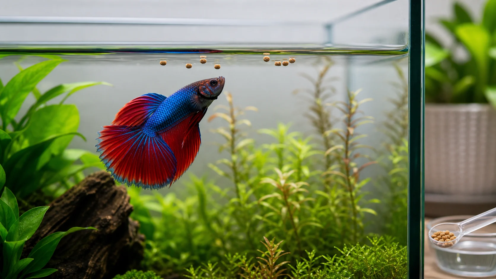 A betta fish approaching a small amount of floating food in a planted aquarium