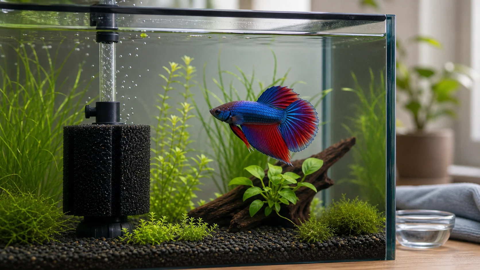 A betta fish swimming near a gentle sponge filter in a planted aquarium