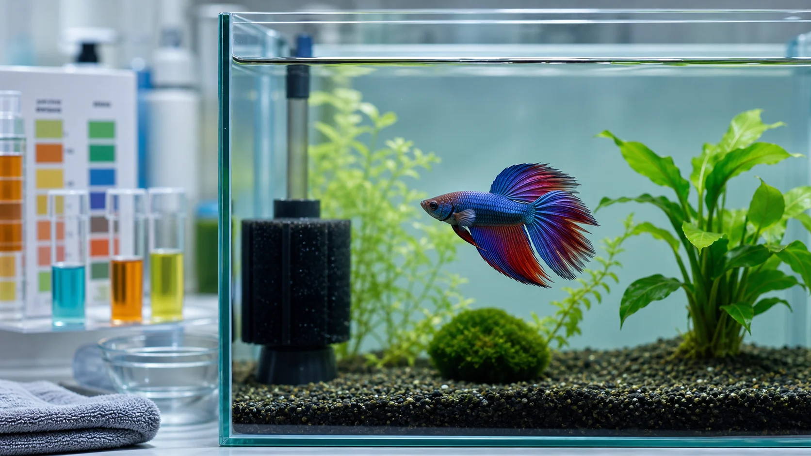 A betta fish in a clean quarantine-style aquarium with water testing supplies nearby