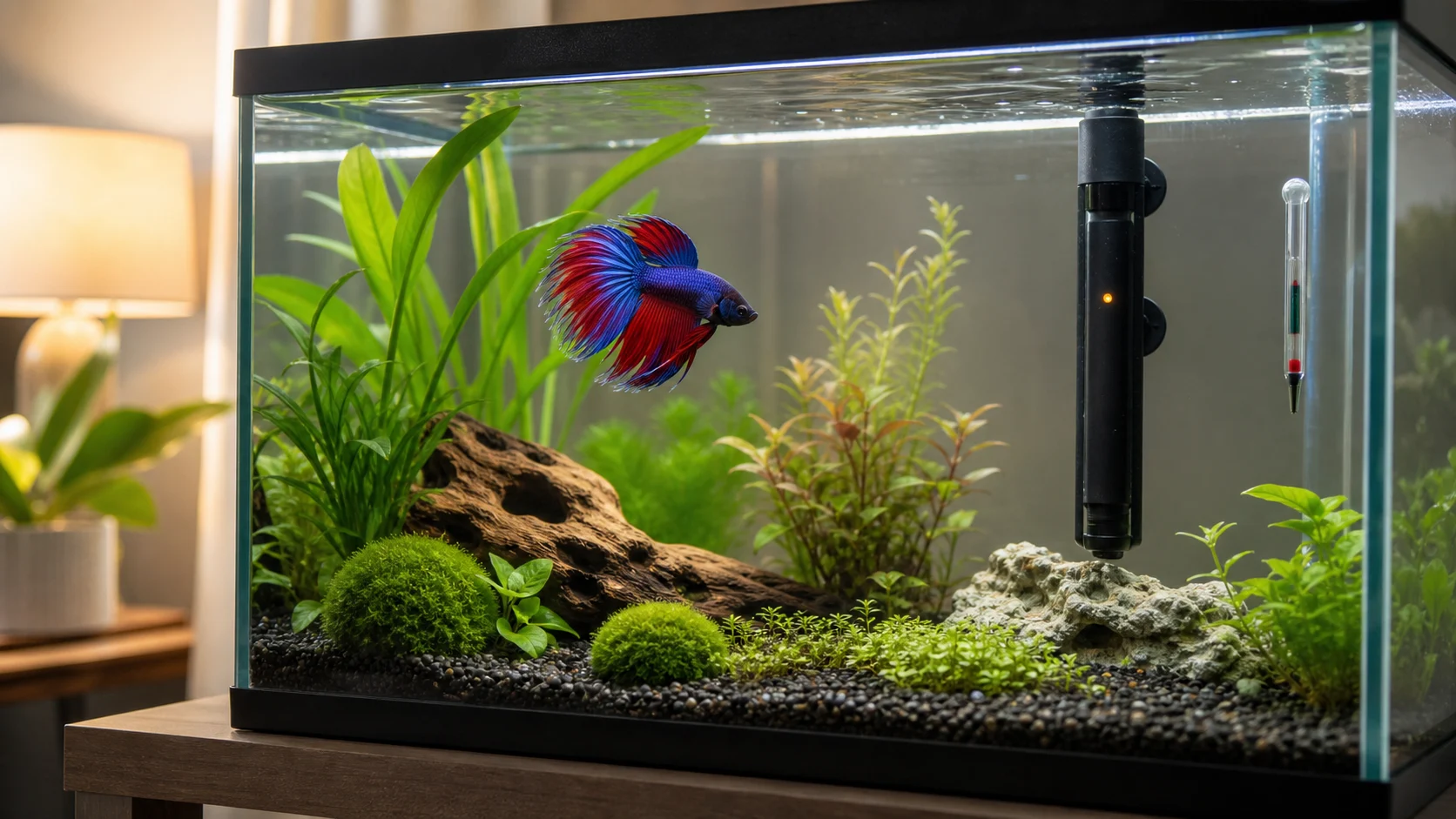 A betta fish swimming in a planted aquarium with a heater and thermometer