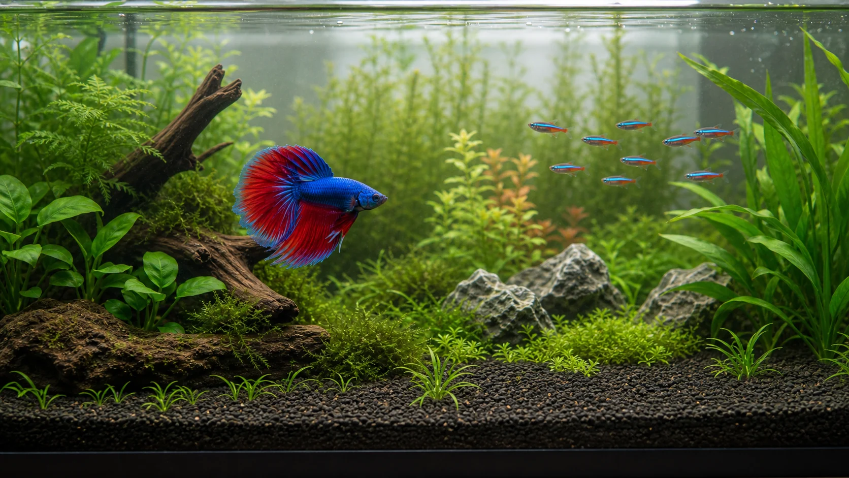 A betta fish sharing a roomy planted aquarium with a school of neon tetras