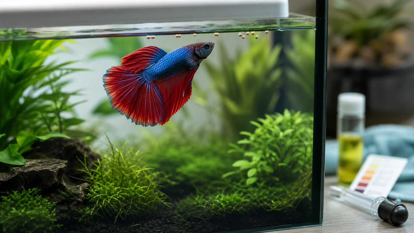 A betta fish near floating pellets in a clean planted aquarium