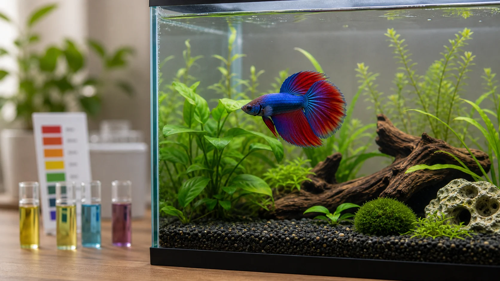A betta fish in a planted aquarium with water test tubes nearby