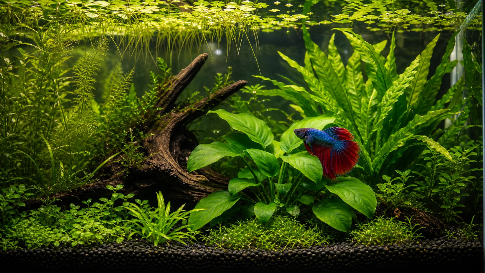 A betta fish in a lush planted aquarium with broad leaves and floating plants