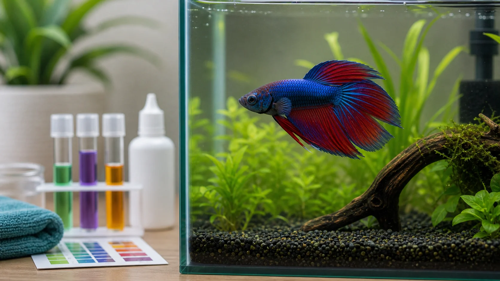 A betta fish in side profile being observed in a clean quarantine aquarium