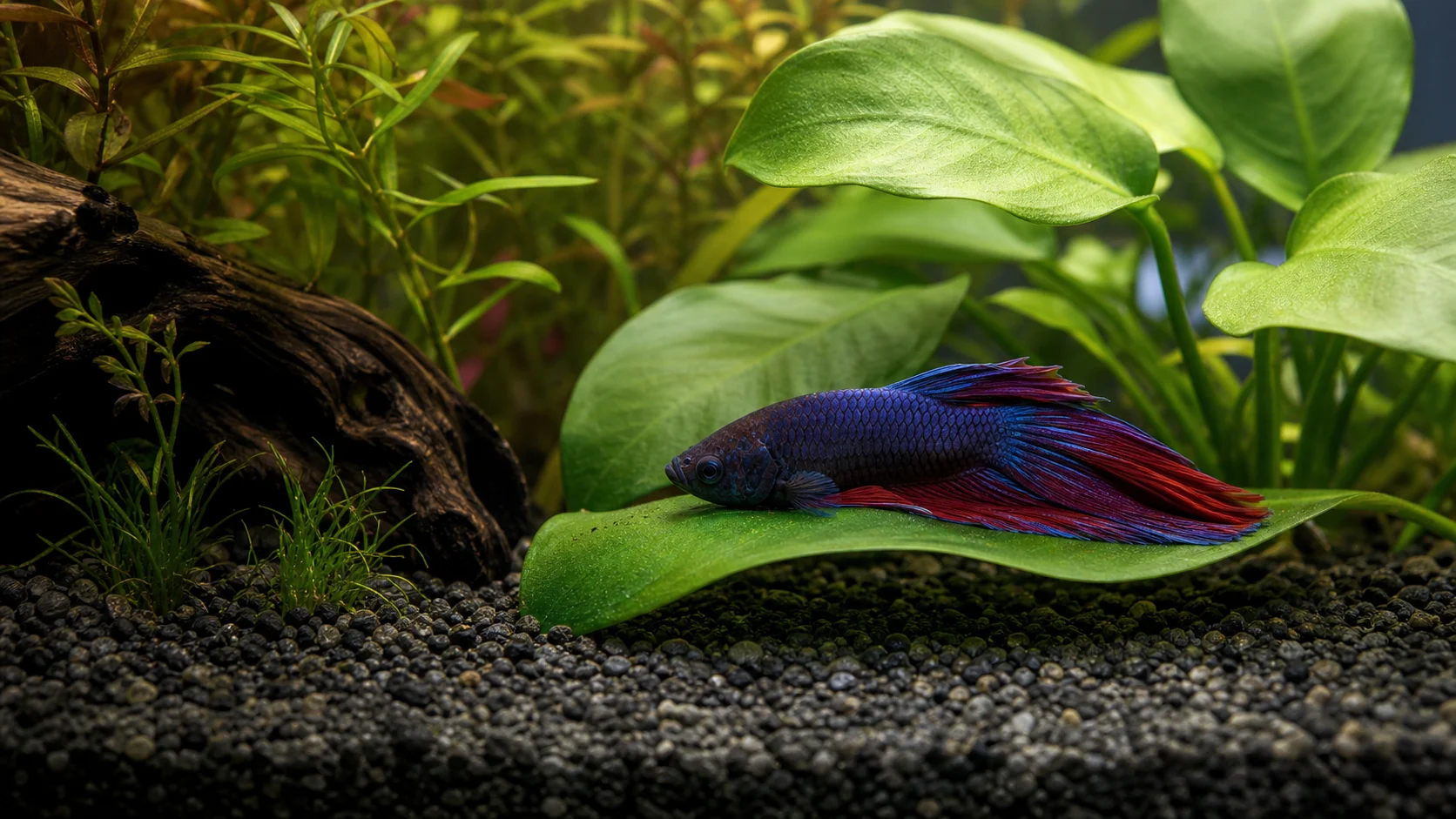 A betta fish resting on a broad plant leaf near the bottom of a tank