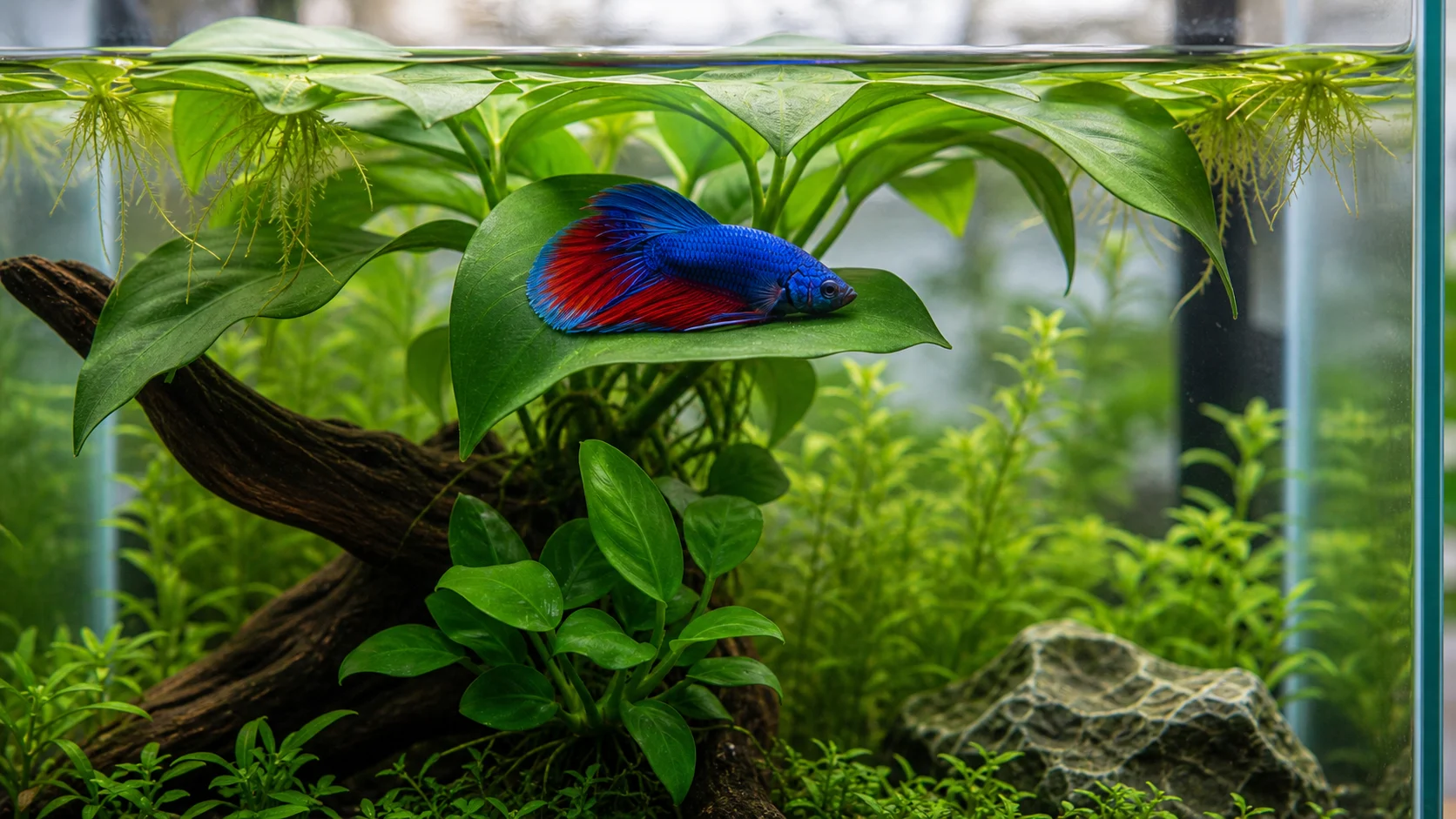 A betta fish resting on a broad aquarium plant leaf