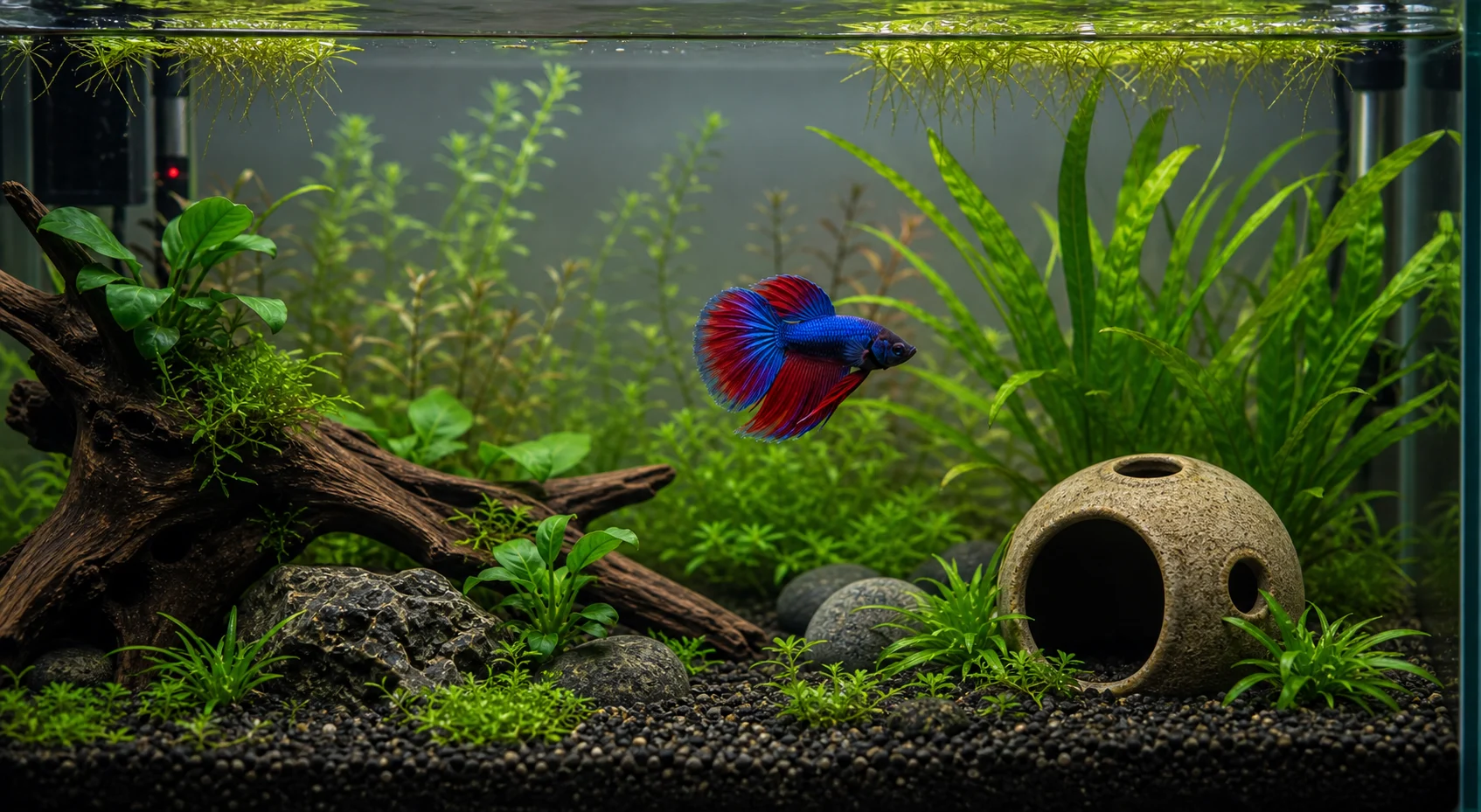 A betta fish swimming around smooth stones, plants, driftwood, and a safe cave decoration