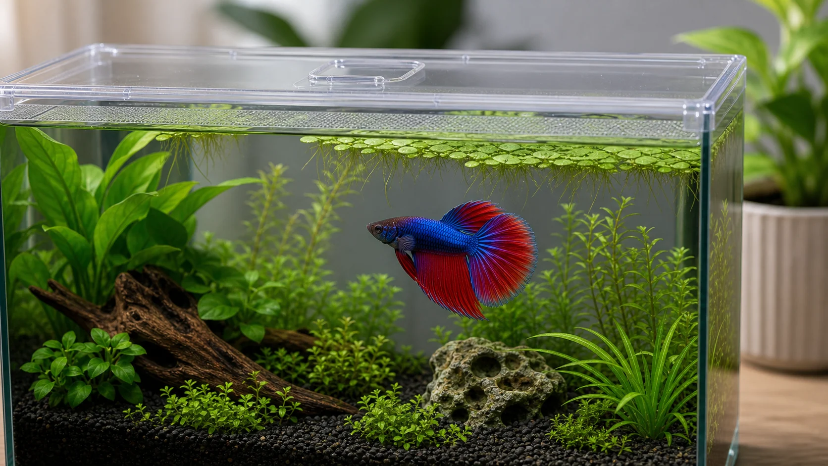 A betta fish swimming below a covered aquarium surface with a low-profile lid