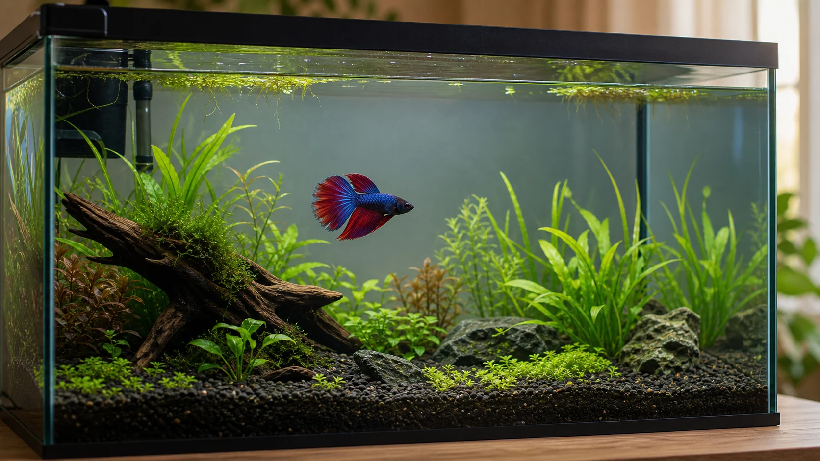 A betta fish swimming in a roomy planted aquarium with open space