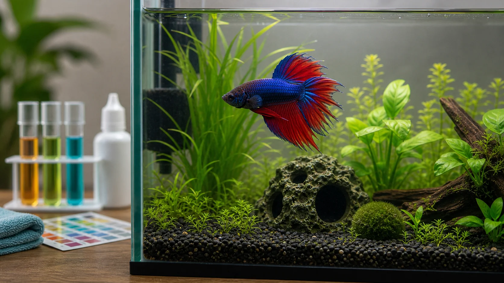 A betta fish with a slightly irregular fin edge in a planted aquarium with smooth decor