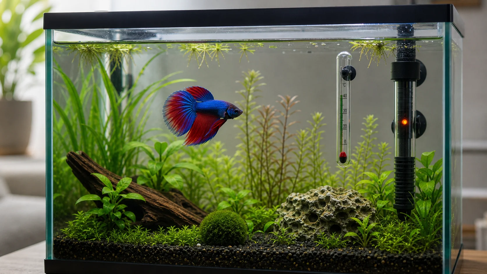 A betta fish swimming near an aquarium heater and thermometer in a planted tank