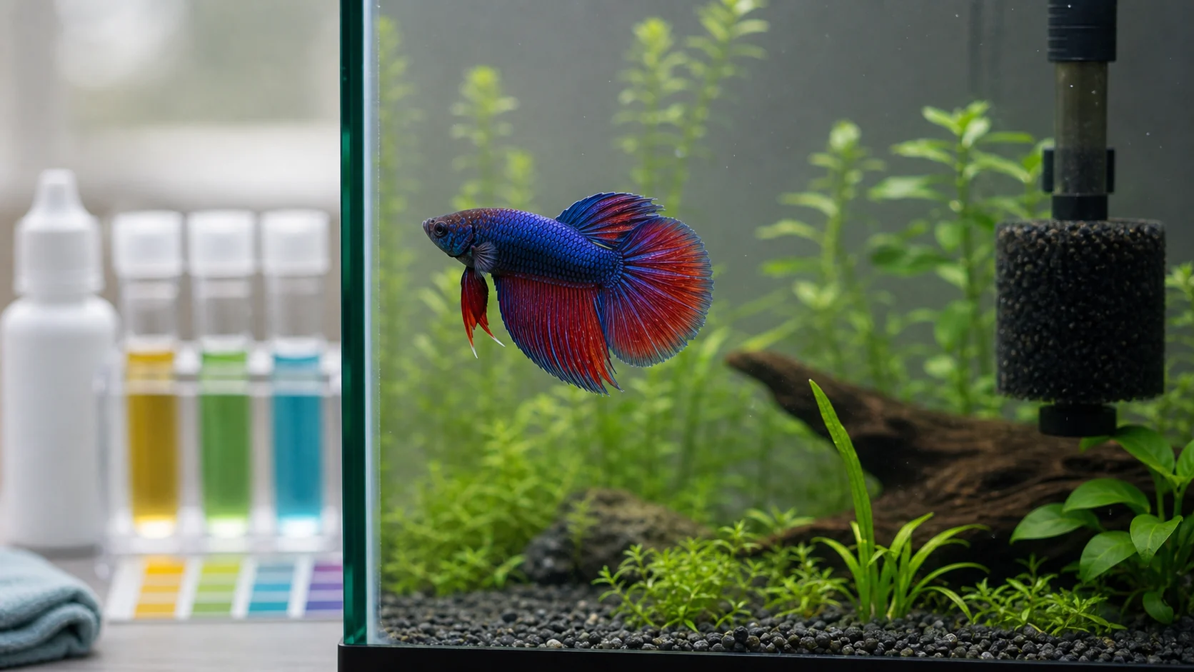 A betta fish being observed in a clean quarantine-style aquarium with water test supplies nearby