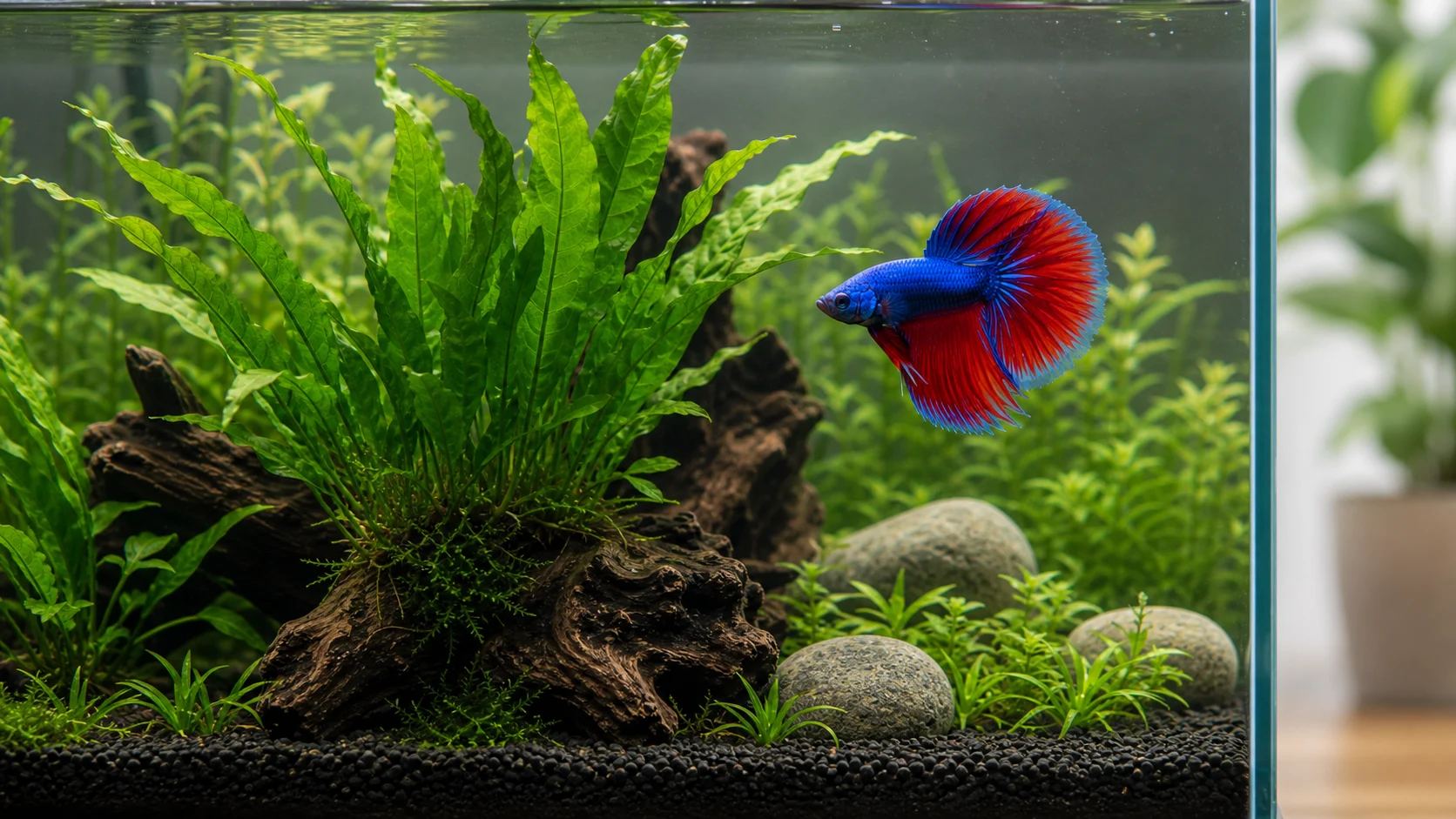 A betta fish swimming beside Java fern attached to aquarium wood