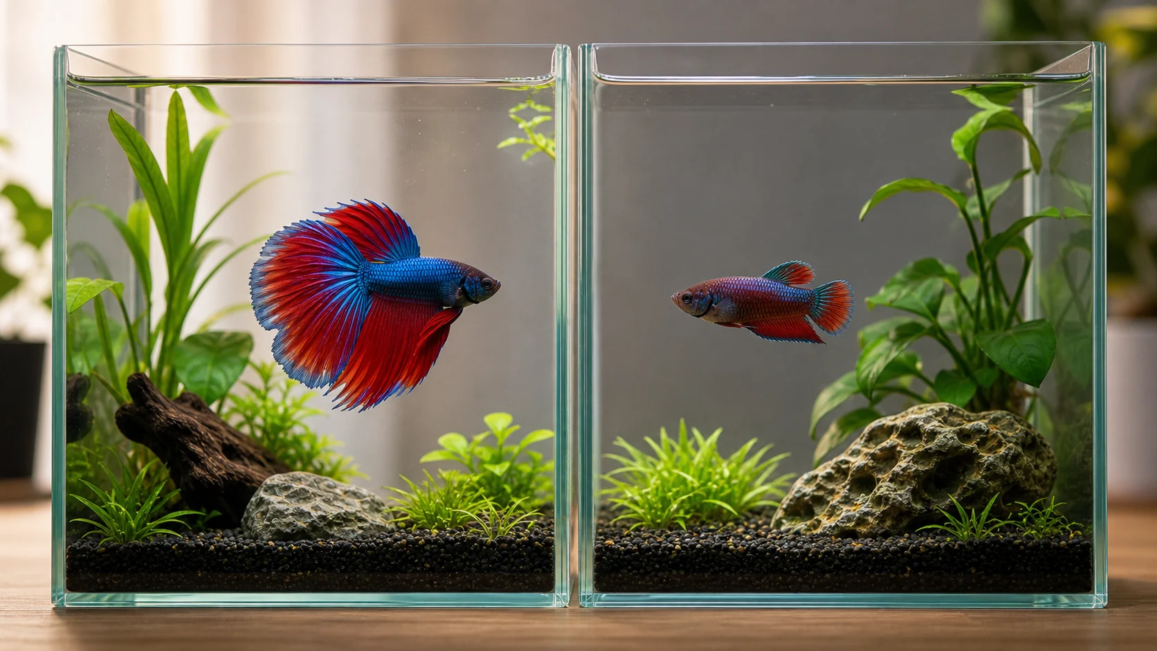 Male and female betta fish shown separately for comparison